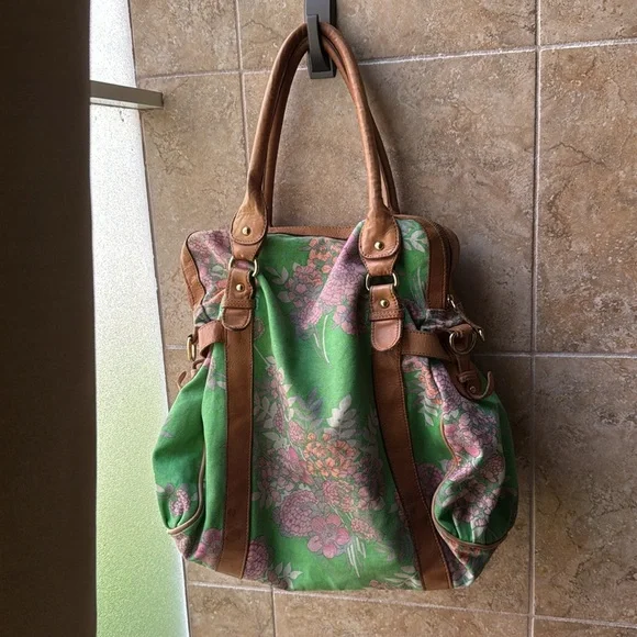Anthropologie Lucky Penny Shoulder Bag Overnight Tote Satchel Floral Leather - Picture 3 of 16